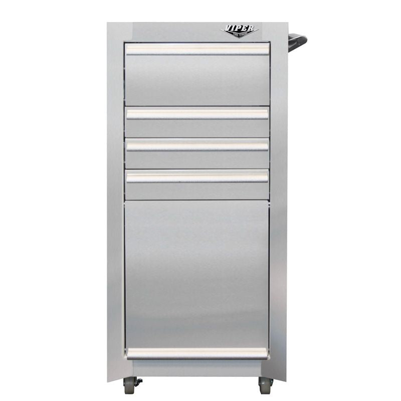 Viper Tool Storage stainless steel 16-inch 4-drawer rolling salon cart with bulk storage and side handle