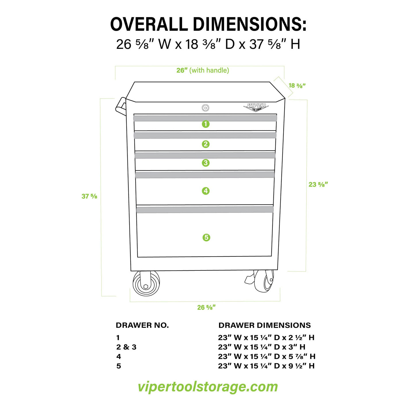 26-Inch 5-Drawer Rolling Bottom Cabinet – Viper Tool Storage