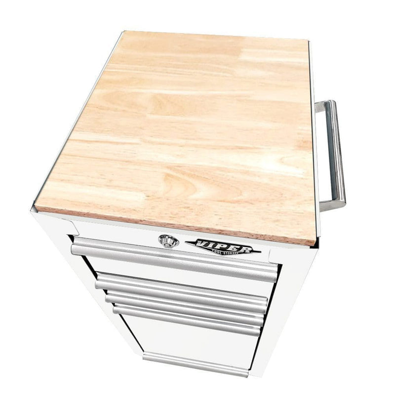 Top view of Viper Tool Storage butcher block worktop installed on a white salon cart