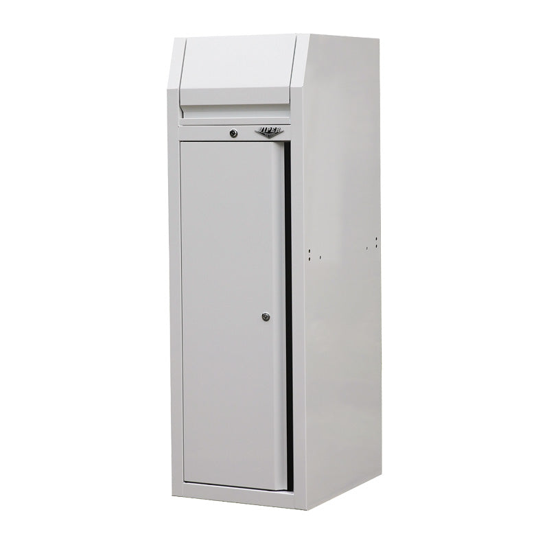 Angled view of white 20-inch steel side locker showing locking door, locking top lid, and side attachment holes