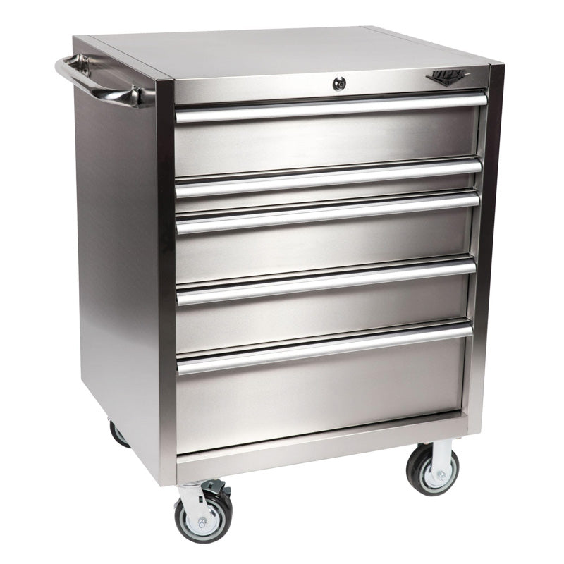 Angled view of 30-inch 5-drawer stainless steel rolling cabinet showing side handle and casters