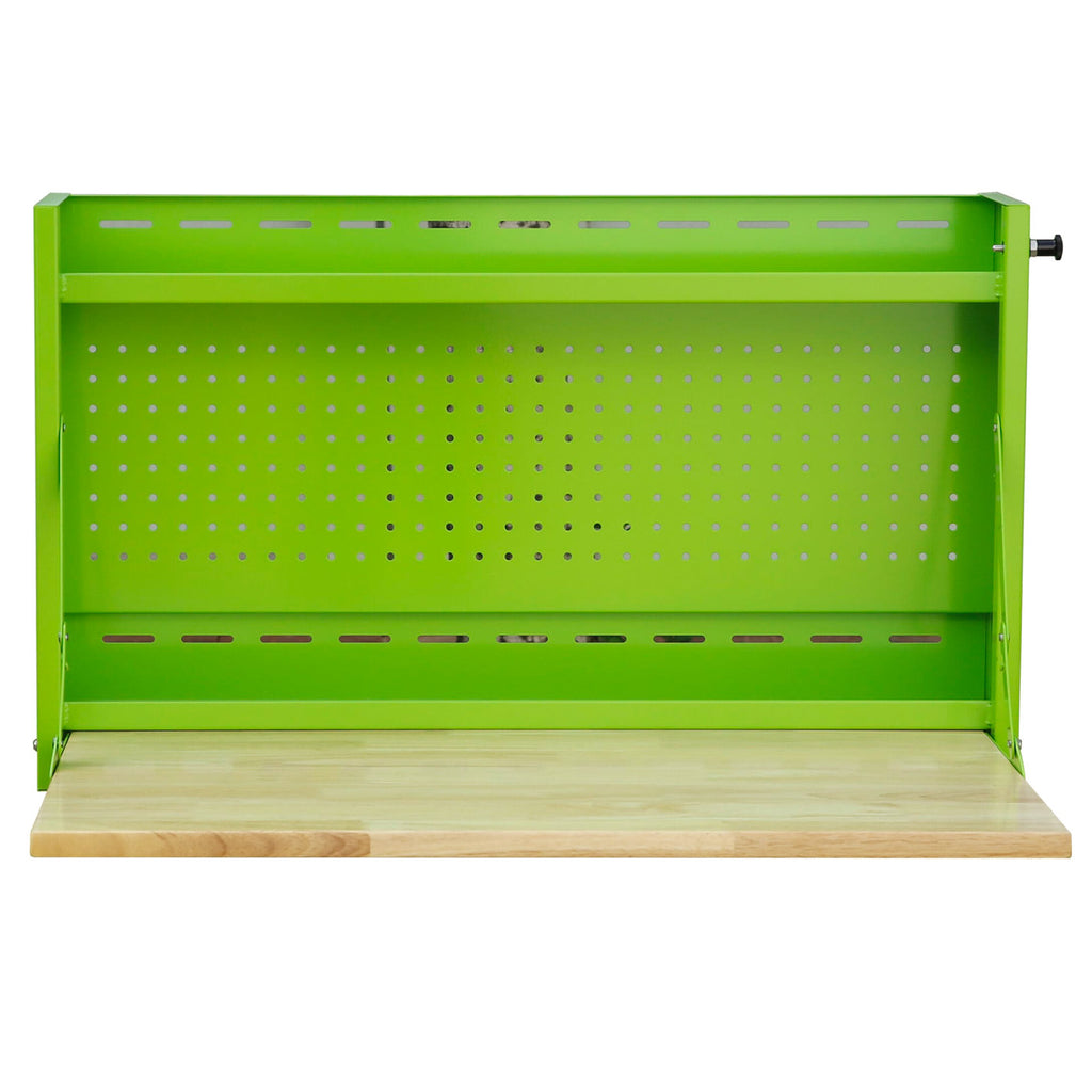 Open view of Viper Tool Storage lime green 32-inch folding wall-mounted steel worktable with pegboard and butcher block work surface