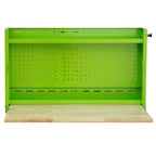 Open view of Viper Tool Storage lime green 32-inch folding wall-mounted steel worktable with pegboard and butcher block work surface