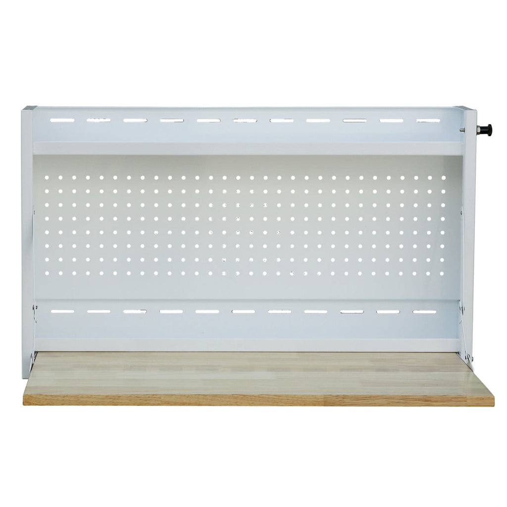 Open view of Viper Tool Storage white 32-inch folding wall-mounted steel worktable with pegboard and butcher block work surface
